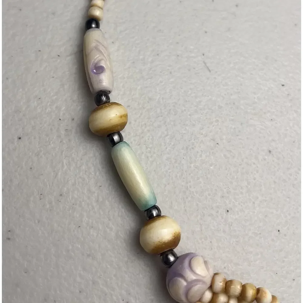 Mosaic Teardrop Pendant Western Tribal Multi Strand Beaded Necklace Silver Tone